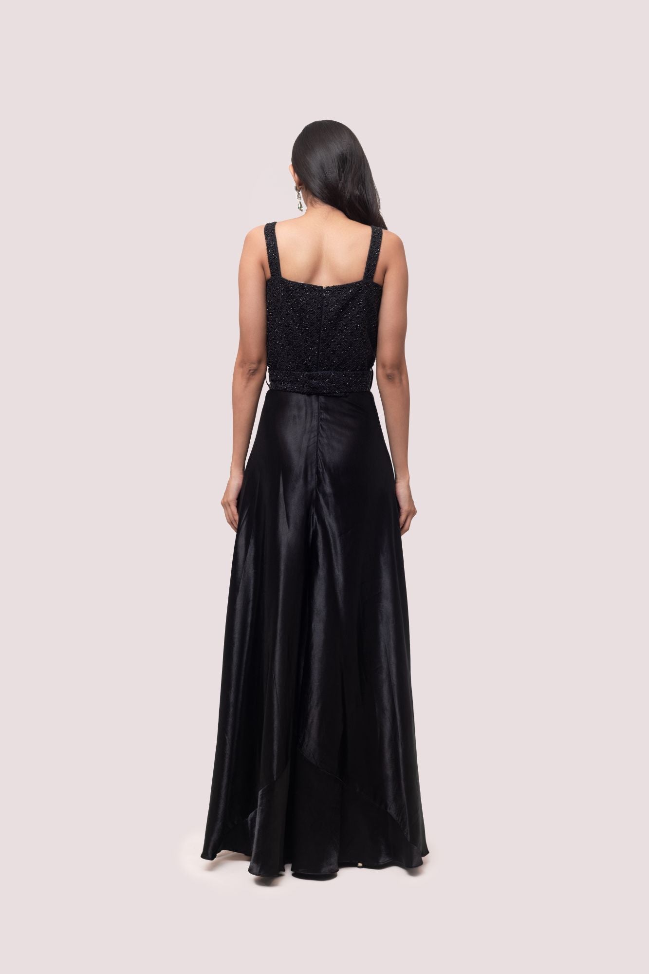 Buy stunning black embellished silk jumpsuit online in USA. Shop the best and latest designs in embroidered sarees, designer sarees, Anarkali suit, lehengas, sharara suits for weddings and special occasions from Pure Elegance Indian fashion store in USA.-back