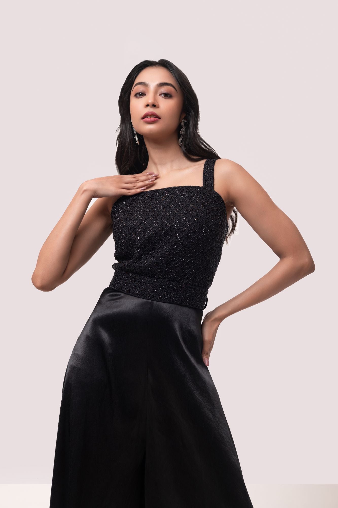 Buy stunning black embellished silk jumpsuit online in USA. Shop the best and latest designs in embroidered sarees, designer sarees, Anarkali suit, lehengas, sharara suits for weddings and special occasions from Pure Elegance Indian fashion store in USA.-closeup