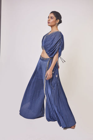 Shop blue rayon embellished Indowestern palazzo set online in USA. Shop the best and latest designs in embroidered sarees, designer sarees, Anarkali suit, lehengas, sharara suits for weddings and special occasions from Pure Elegance Indian fashion store in USA.-palazzo