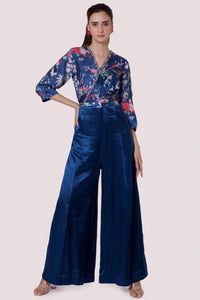 Buy stunning blue printed satin and silk jumpsuit online in USA. Shop the best and latest designs in embroidered sarees, designer sarees, Anarkali suit, lehengas, sharara suits for weddings and special occasions from Pure Elegance Indian fashion store in USA.-full view