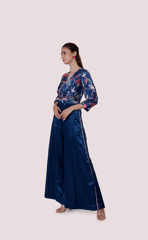 Buy stunning blue printed satin and silk jumpsuit online in USA. Shop the best and latest designs in embroidered sarees, designer sarees, Anarkali suit, lehengas, sharara suits for weddings and special occasions from Pure Elegance Indian fashion store in USA.-jumpsuit