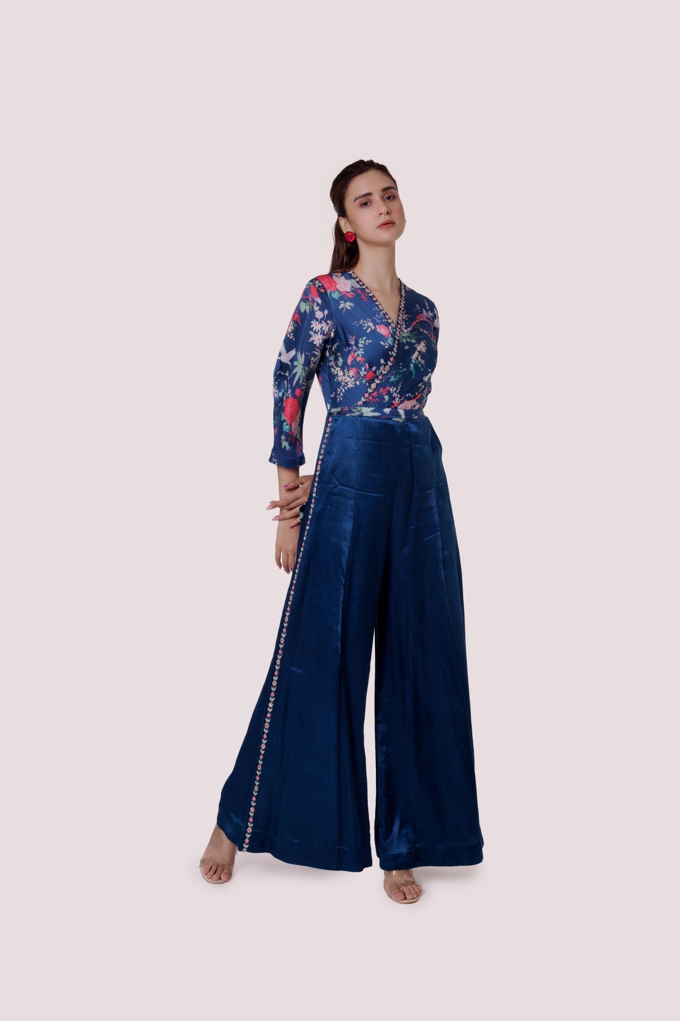 Buy stunning blue printed satin and silk jumpsuit online in USA. Shop the best and latest designs in embroidered sarees, designer sarees, Anarkali suit, lehengas, sharara suits for weddings and special occasions from Pure Elegance Indian fashion store in USA.-side