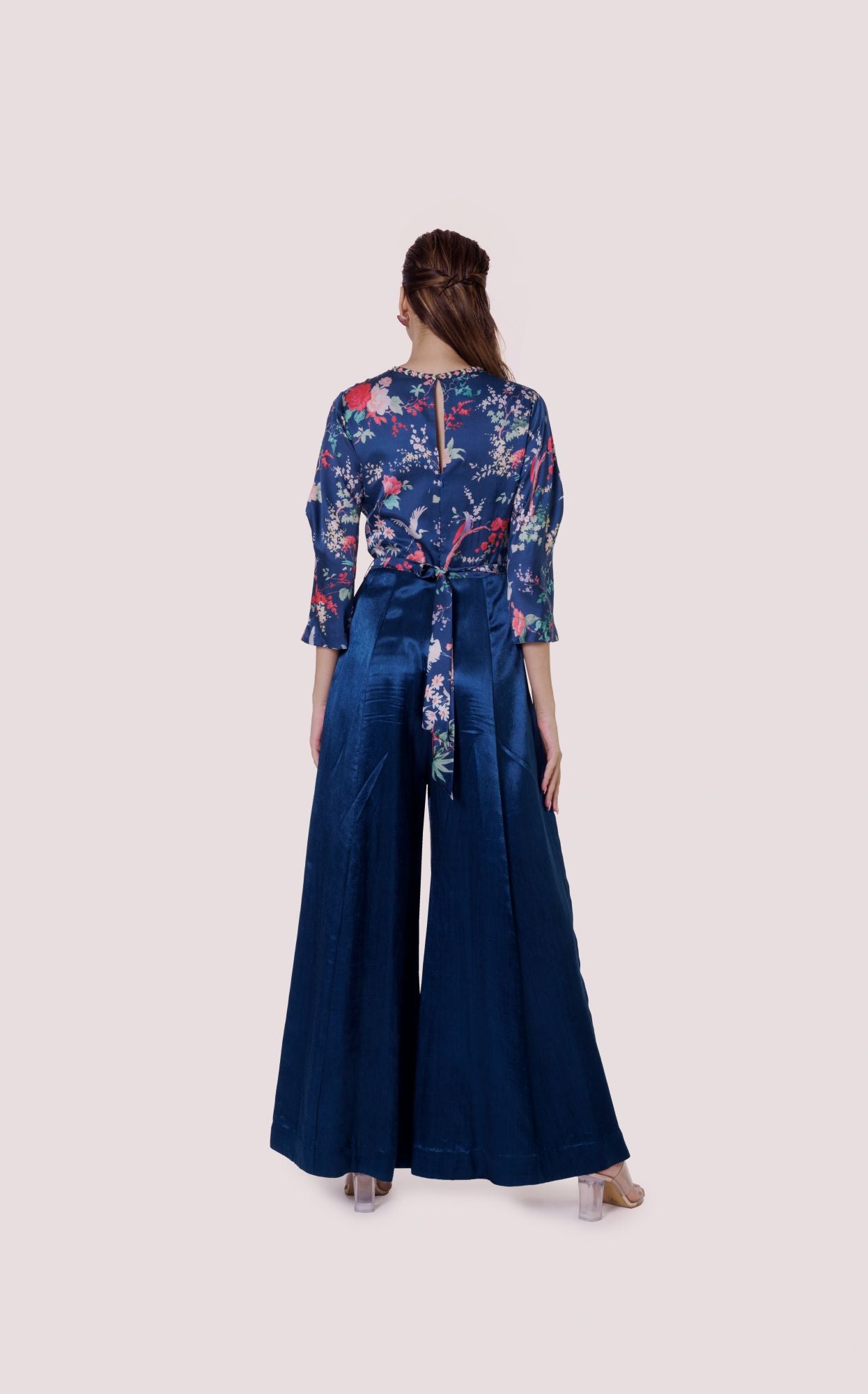 Buy stunning blue printed satin and silk jumpsuit online in USA. Shop the best and latest designs in embroidered sarees, designer sarees, Anarkali suit, lehengas, sharara suits for weddings and special occasions from Pure Elegance Indian fashion store in USA.-back
