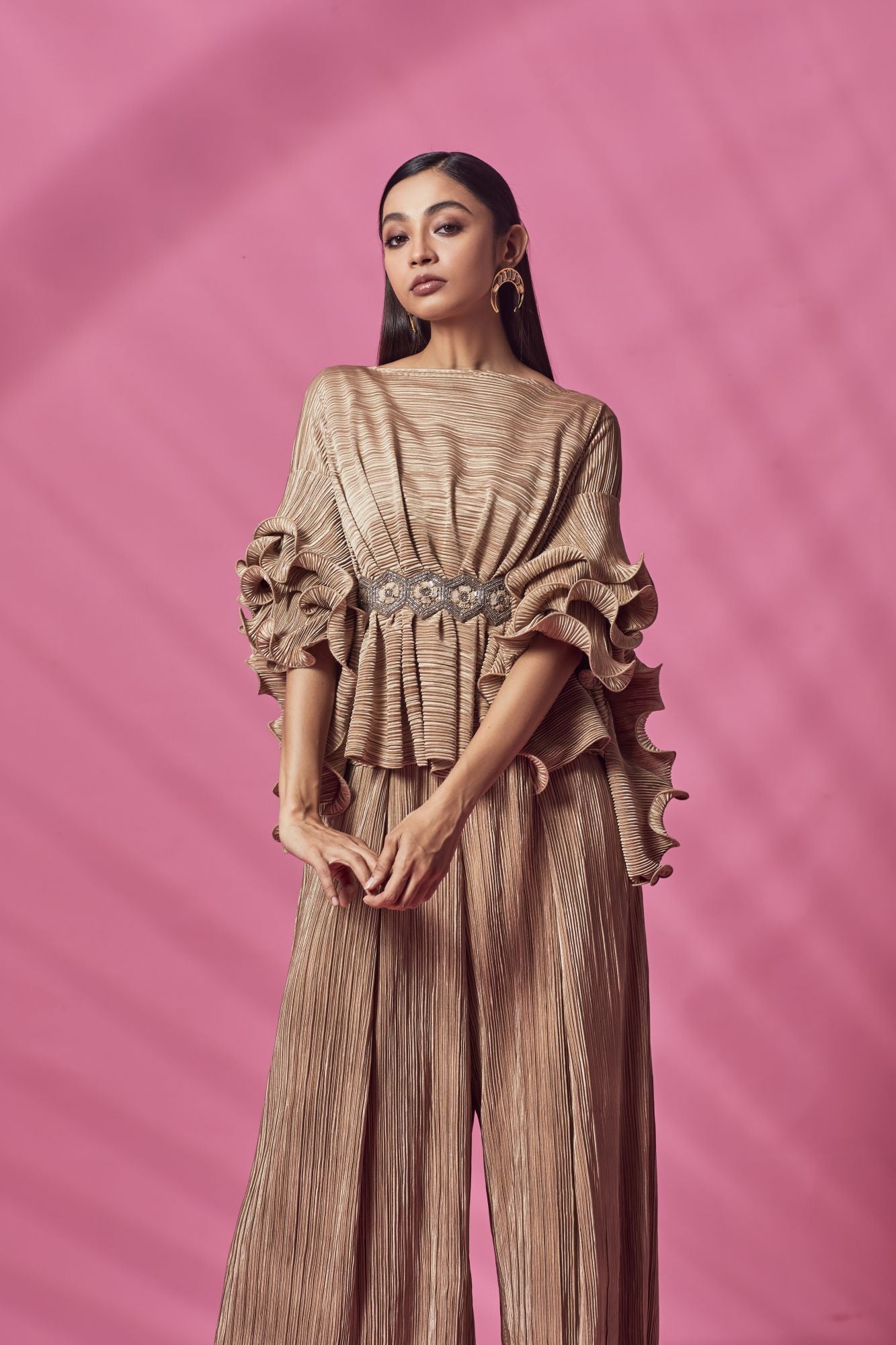 Shop stunning beige crush sleeves top and palazzo set online in USA. Shop the best and latest designs in embroidered sarees, designer sarees, Anarkali suit, lehengas, sharara suits for weddings and special occasions from Pure Elegance Indian fashion store in USA.-front
