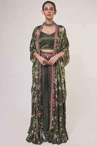 Buy mehendi green satin co-ord set online in USA with printed cape. Shop the best and latest designs in embroidered sarees, designer sarees, Anarkali suit, lehengas, sharara suits for weddings and special occasions from Pure Elegance Indian fashion store in USA.-full view