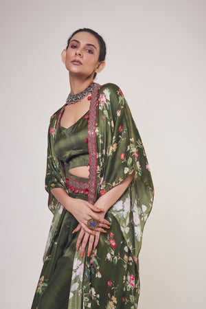 Buy mehendi green satin co-ord set online in USA with printed cape. Shop the best and latest designs in embroidered sarees, designer sarees, Anarkali suit, lehengas, sharara suits for weddings and special occasions from Pure Elegance Indian fashion store in USA.-closeup