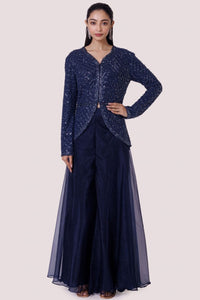 Shop navy blue embroidered organza and georgette skirt set online in USA. Shop the best and latest designs in embroidered sarees, designer sarees, Anarkali suit, lehengas, sharara suits for weddings and special occasions from Pure Elegance Indian fashion store in USA.-full view
