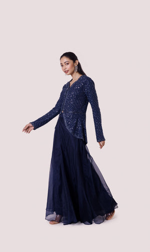 Shop navy blue embroidered organza and georgette skirt set online in USA. Shop the best and latest designs in embroidered sarees, designer sarees, Anarkali suit, lehengas, sharara suits for weddings and special occasions from Pure Elegance Indian fashion store in USA.-left