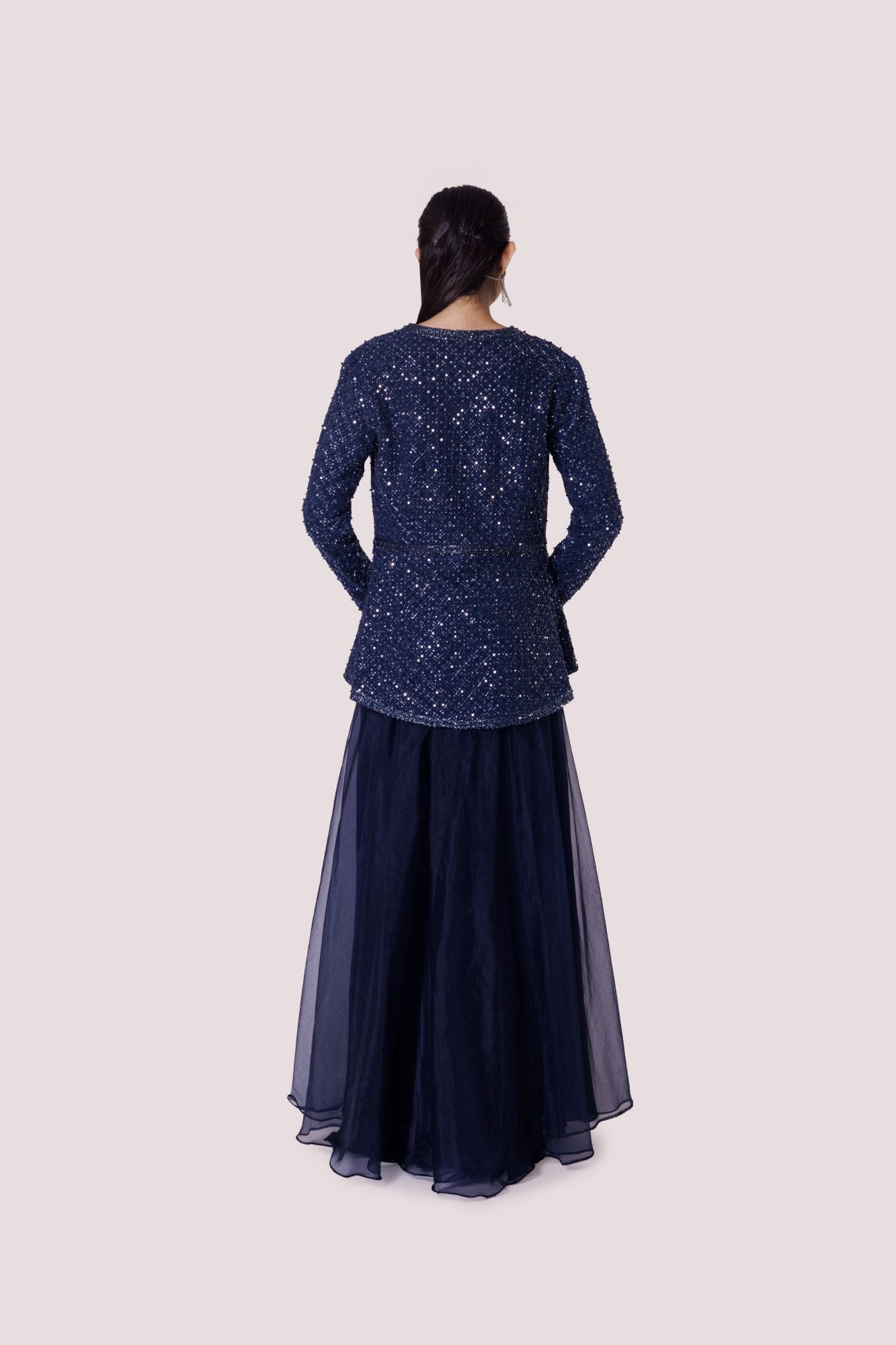 Shop navy blue embroidered organza and georgette skirt set online in USA. Shop the best and latest designs in embroidered sarees, designer sarees, Anarkali suit, lehengas, sharara suits for weddings and special occasions from Pure Elegance Indian fashion store in USA.-back