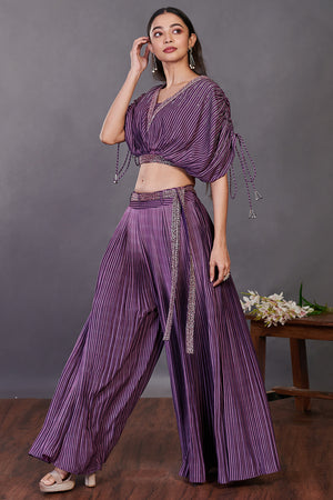 Buy purple printed rayon Indowestern co-ord set online in USA. Shop the best and latest designs in embroidered sarees, designer sarees, Anarkali suit, lehengas, sharara suits for weddings and special occasions from Pure Elegance Indian fashion store in USA.-palazzo