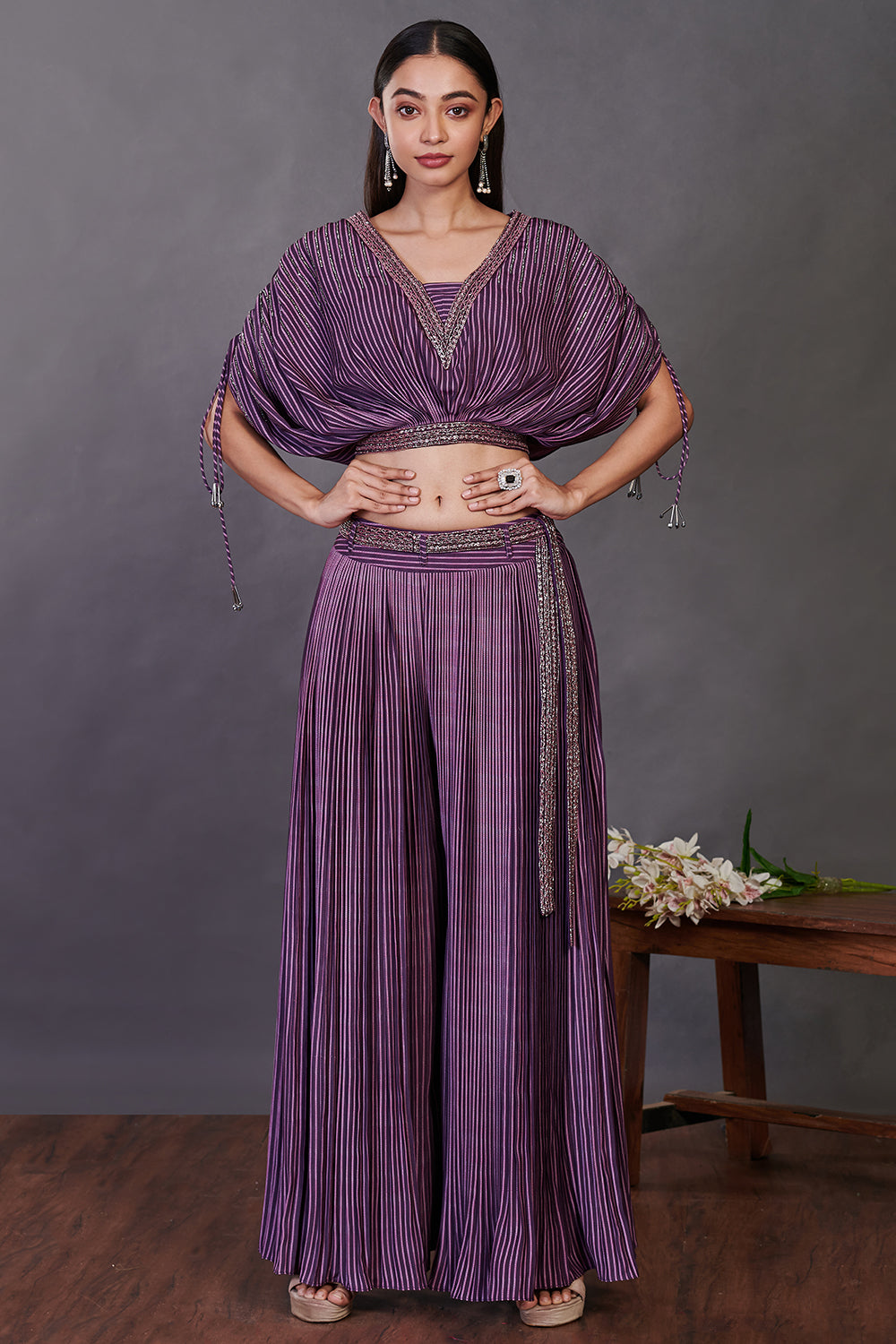 Buy purple printed rayon Indowestern co-ord set online in USA. Shop the best and latest designs in embroidered sarees, designer sarees, Anarkali suit, lehengas, sharara suits for weddings and special occasions from Pure Elegance Indian fashion store in USA.-full view