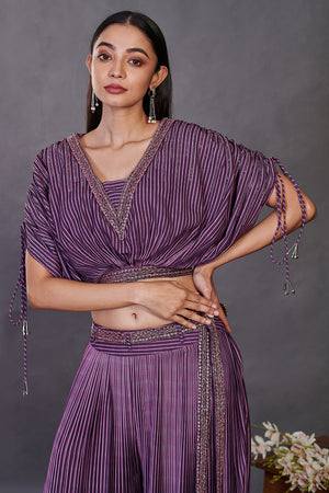 Buy purple printed rayon Indowestern co-ord set online in USA. Shop the best and latest designs in embroidered sarees, designer sarees, Anarkali suit, lehengas, sharara suits for weddings and special occasions from Pure Elegance Indian fashion store in USA.-closeup
