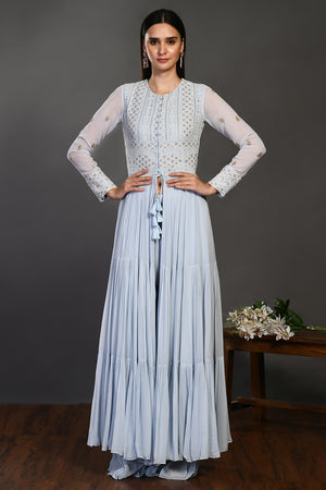 Shop doctor blue embroidered georgette chikan suit set online in USA. Shop the best and latest designs in embroidered sarees, designer sarees, Anarkali suit, lehengas, sharara suits for weddings and special occasions from Pure Elegance Indian fashion store in USA.-front\