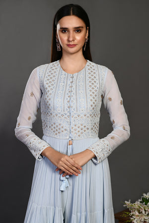 Shop doctor blue embroidered georgette chikan suit set online in USA. Shop the best and latest designs in embroidered sarees, designer sarees, Anarkali suit, lehengas, sharara suits for weddings and special occasions from Pure Elegance Indian fashion store in USA.-closeup
