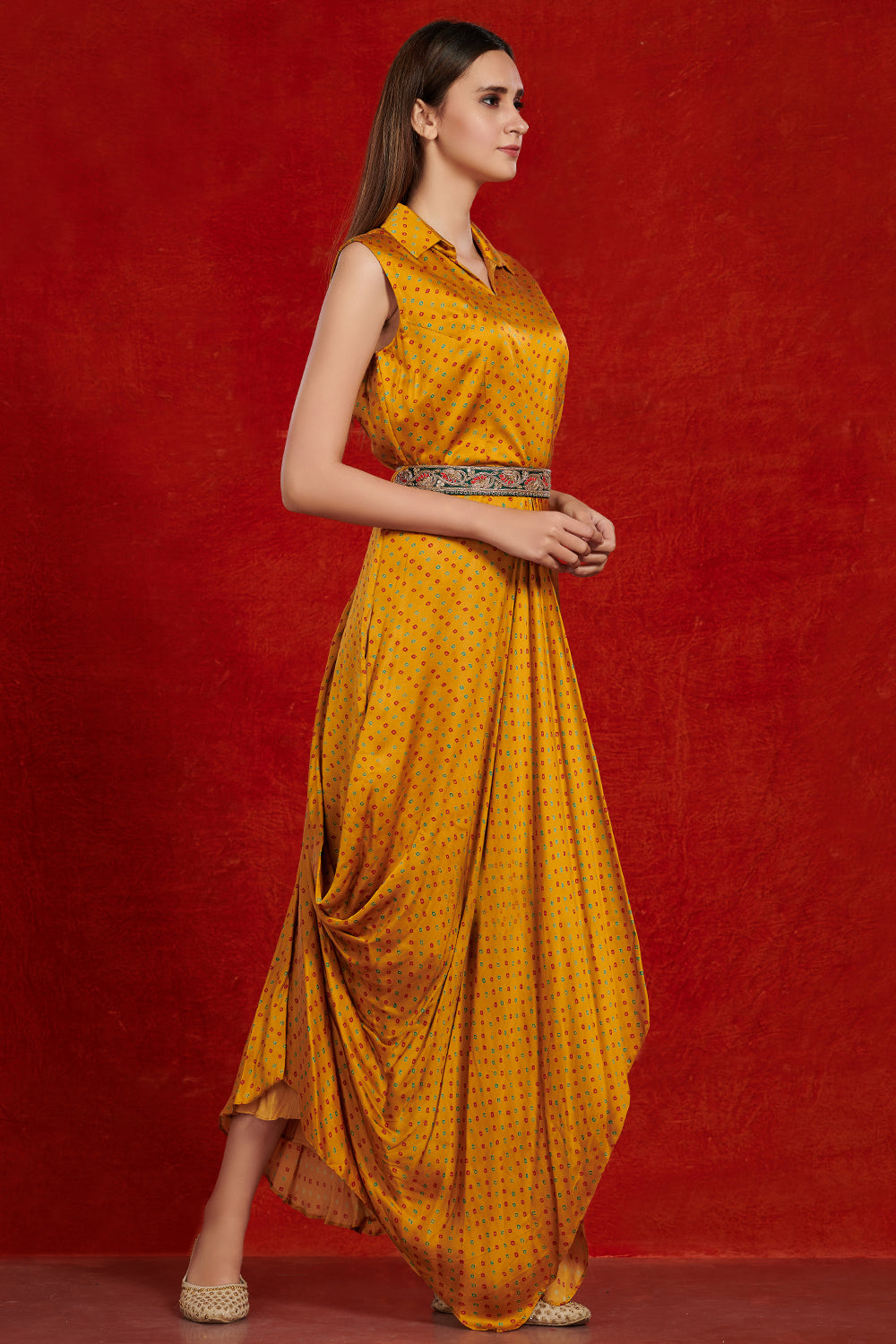 Buy beautiful mustard printed satin harem jumpsuit online in USA with embroidered belt. Shop the best and latest designs in embroidered sarees, designer sarees, Anarkali suit, lehengas, sharara suits for weddings and special occasions from Pure Elegance Indian fashion store in USA.-side