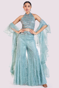 Shop aqua blue embellished co-ord set online in USA with ruffle dupatta. Shop the best and latest designs in embroidered sarees, designer sarees, Anarkali suit, lehengas, sharara suits for weddings and special occasions from Pure Elegance Indian fashion store in USA.-full view