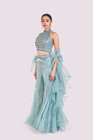 Shop aqua blue embellished co-ord set online in USA with ruffle dupatta. Shop the best and latest designs in embroidered sarees, designer sarees, Anarkali suit, lehengas, sharara suits for weddings and special occasions from Pure Elegance Indian fashion store in USA.-left