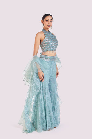 Shop aqua blue embellished co-ord set online in USA with ruffle dupatta. Shop the best and latest designs in embroidered sarees, designer sarees, Anarkali suit, lehengas, sharara suits for weddings and special occasions from Pure Elegance Indian fashion store in USA.-side