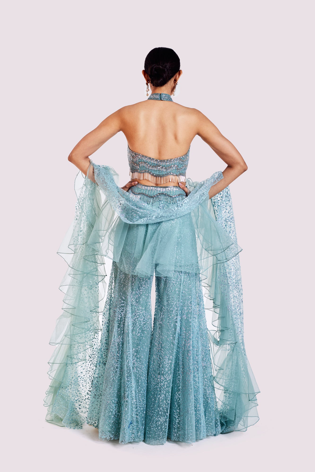 Shop aqua blue embellished co-ord set online in USA with ruffle dupatta. Shop the best and latest designs in embroidered sarees, designer sarees, Anarkali suit, lehengas, sharara suits for weddings and special occasions from Pure Elegance Indian fashion store in USA.-back