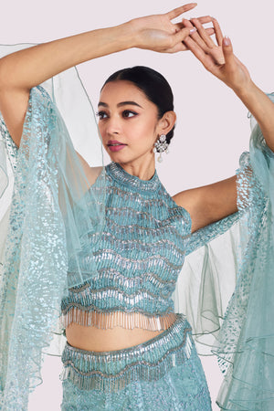 Shop aqua blue embellished co-ord set online in USA with ruffle dupatta. Shop the best and latest designs in embroidered sarees, designer sarees, Anarkali suit, lehengas, sharara suits for weddings and special occasions from Pure Elegance Indian fashion store in USA.-closeup