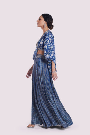 Shop stunning navy blue printed satin palazzo set online in USA. Shop the best and latest designs in embroidered sarees, designer sarees, Anarkali suit, lehengas, sharara suits for weddings and special occasions from Pure Elegance Indian fashion store in USA.-left