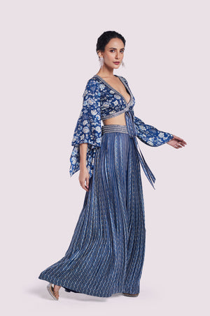 Shop stunning navy blue printed satin palazzo set online in USA. Shop the best and latest designs in embroidered sarees, designer sarees, Anarkali suit, lehengas, sharara suits for weddings and special occasions from Pure Elegance Indian fashion store in USA.-side