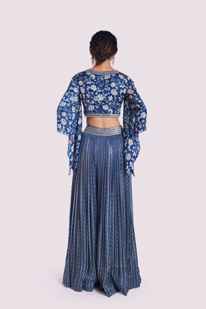 Shop stunning navy blue printed satin palazzo set online in USA. Shop the best and latest designs in embroidered sarees, designer sarees, Anarkali suit, lehengas, sharara suits for weddings and special occasions from Pure Elegance Indian fashion store in USA.-back
