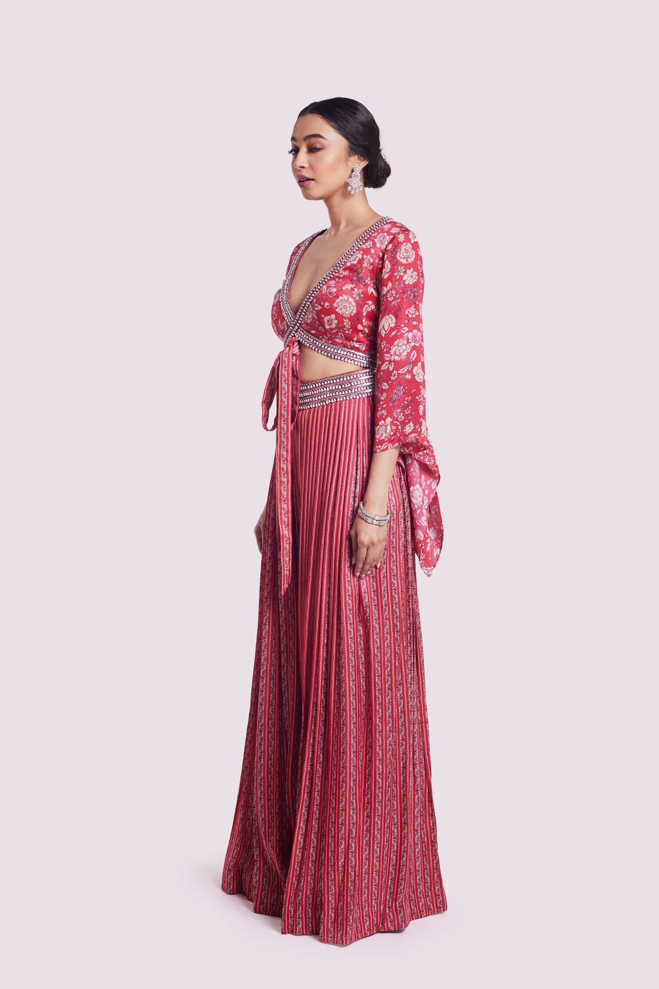 Buy stylish red printed satin palazzo set online in USA. Shop the best and latest designs in embroidered sarees, designer sarees, Anarkali suit, lehengas, sharara suits for weddings and special occasions from Pure Elegance Indian fashion store in USA.-left