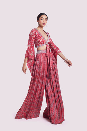 Buy stylish red printed satin palazzo set online in USA. Shop the best and latest designs in embroidered sarees, designer sarees, Anarkali suit, lehengas, sharara suits for weddings and special occasions from Pure Elegance Indian fashion store in USA.-side