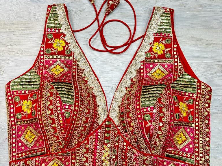 50W572-RO Red Multicolor Embroidered Blouse With Mirror Work
