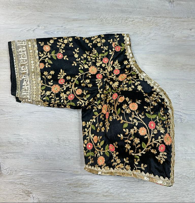 Buy black floral blouse with sequin embroidered edges and written ayushmati bhav. Make a fashion statement on festive occasions and weddings with designer blouses, designer sarees, designer suits, Indian dresses, designer gowns, sharara suits, and embroidered sarees from Pure Elegance Indian fashion store in the USA.