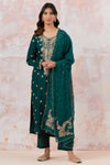 Buy a Bottle green suit set featuring Kurta with gotta pati and aari work, paired with a bottom and organza dupatta. Dazzle on weddings and special occasions with exquisite Indian designer dresses, sharara suits, Anarkali suits, and wedding lehengas from Pure Elegance Indian fashion store in the USA.