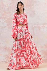 Buy a pink stylish floral skirt set features stunning floral motifs and cheenta handwork. Dazzle on weddings and special occasions with exquisite Indian designer dresses, sharara suits, Anarkali suits, and wedding lehengas from Pure Elegance Indian fashion store in the USA.