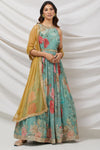 Buy Blue floral printed anarkali suit set featuring mirror, zari & sequin embroidery on neck and belt that adds definition and glamour. Dazzle on weddings and special occasions with exquisite Indian designer dresses, sharara suits, Anarkali suits, and wedding lehengas from Pure Elegance Indian fashion store in the USA.