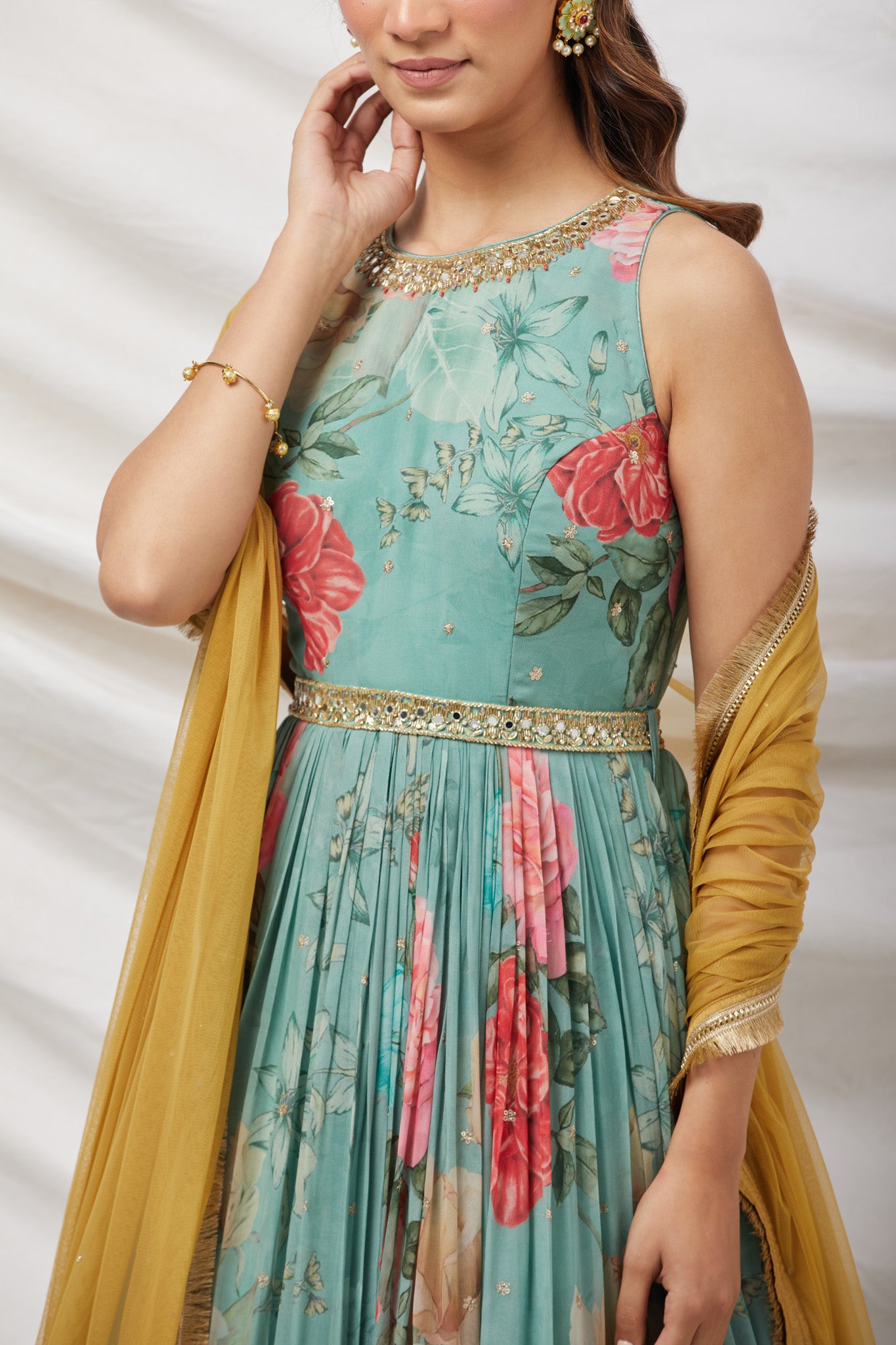 Buy Blue floral printed anarkali suit set featuring mirror, zari & sequin embroidery on neck and belt that adds definition and glamour. Dazzle on weddings and special occasions with exquisite Indian designer dresses, sharara suits, Anarkali suits, and wedding lehengas from Pure Elegance Indian fashion store in the USA.