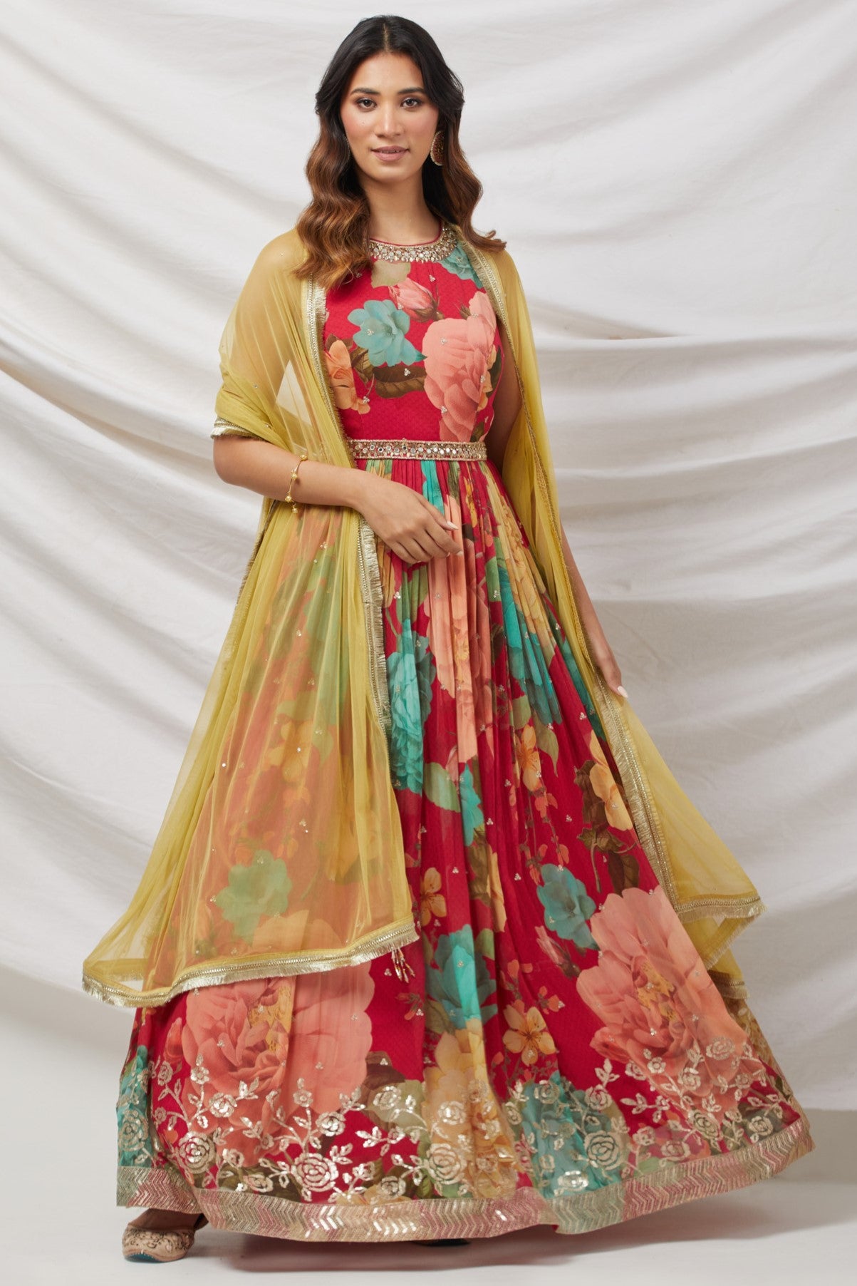 Pink Anarkali dress with Floral printed Design - Dress me Royal