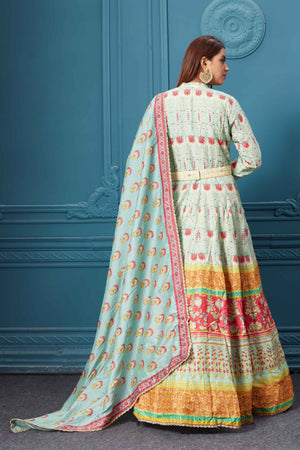 Shop Gorgeous light blue multicolored printed anarkali suit set with embroidery. Featuring a beautiful belt, collar neck, full-length sleeves, and a stylish dupatta. Shop online at Pure Elegance or visit our store in the USA.