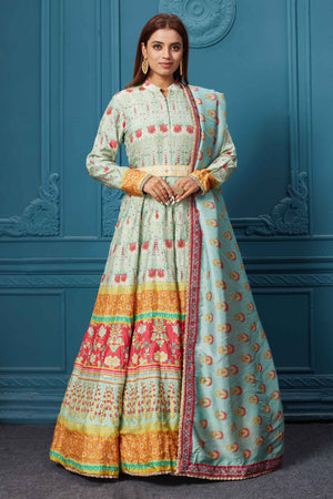 Shop Gorgeous light blue multicolored printed anarkali suit set with embroidery. Featuring a beautiful belt, collar neck, full-length sleeves, and a stylish dupatta. Shop online at Pure Elegance or visit our store in the USA.