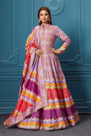 Shop gorgeous light blue multicolored printed anarkali suit set with embroidery. Featuring a beautiful belt, collar neck, full-length sleeves, and a stylish dupatta. Shop online at Pure Elegance or visit our store in the USA.