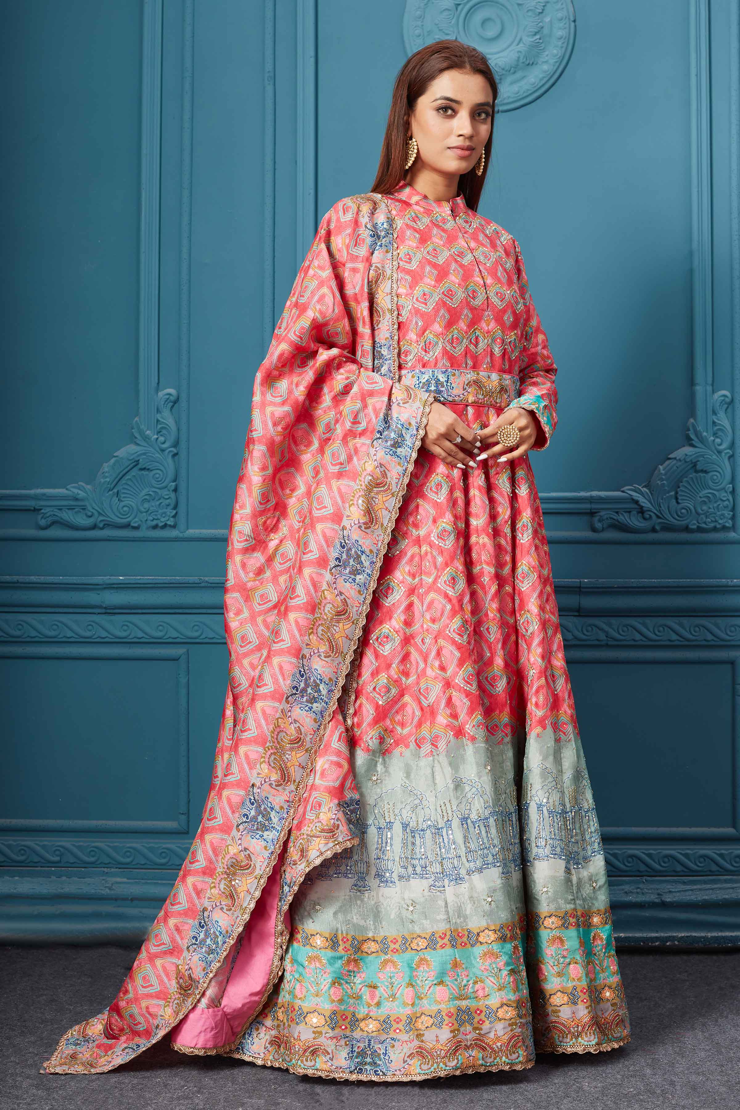 510014 Red Blue Multicolored Print Anarkali Suit with Dupatta