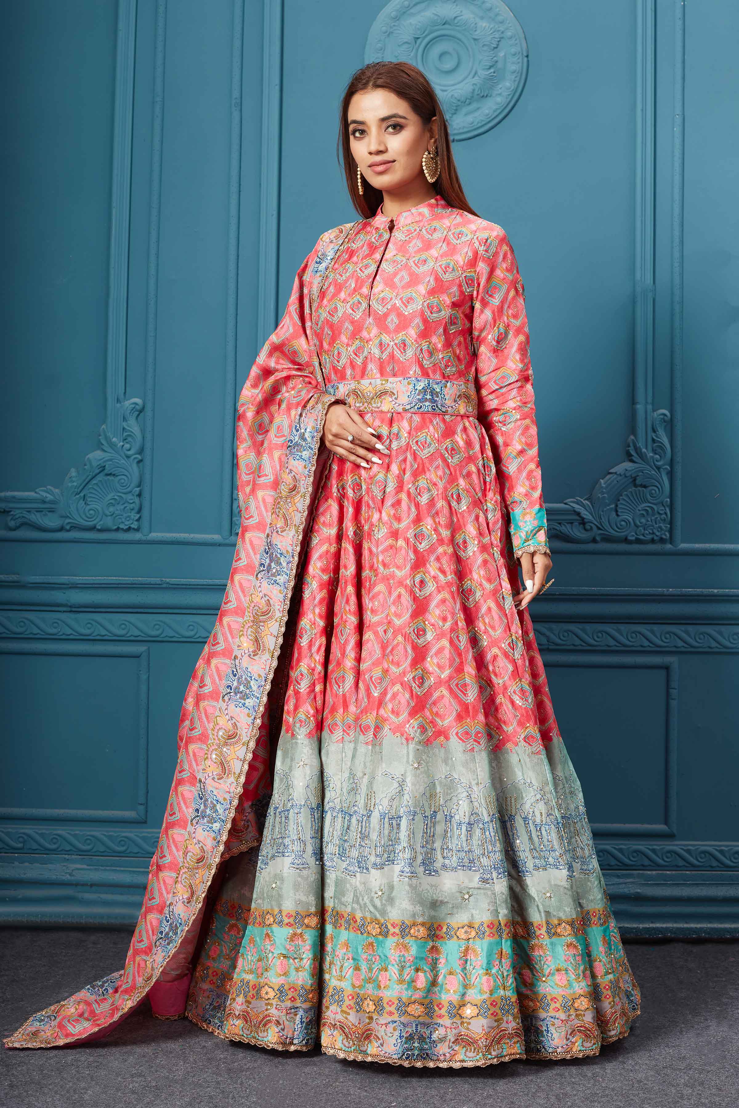 510014 Red Blue Multicolored Print Anarkali Suit with Dupatta