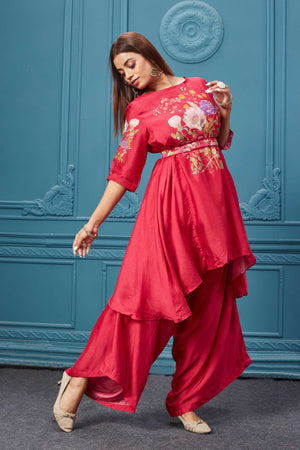 510017 Red Printed Stylish Suit Set With Belt
