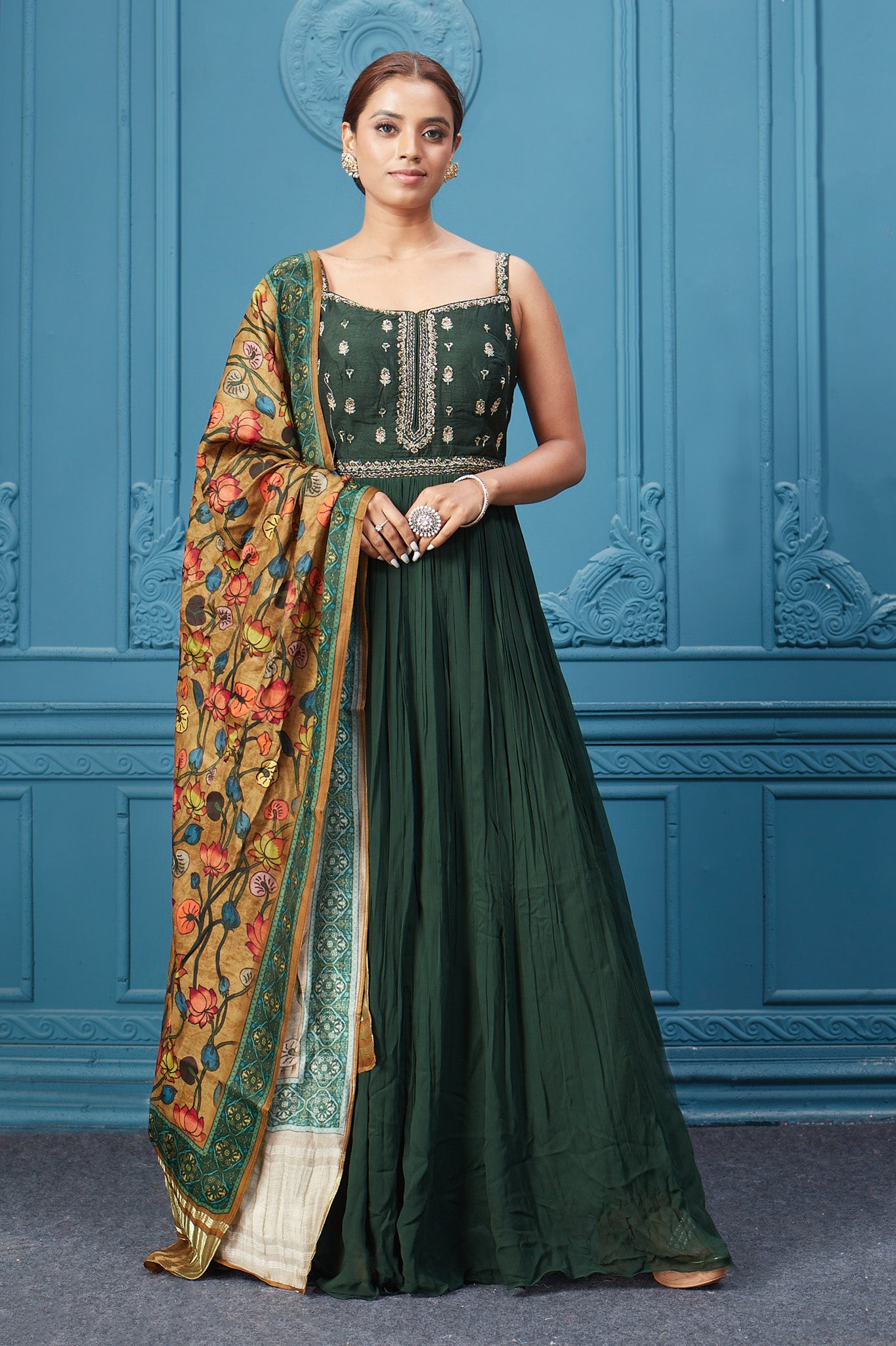 510043 Dark Green Anarkali Suit Set With Floral Dupatta 510043 Dark Green Anarkali Suit Set With Floral Dupatta
