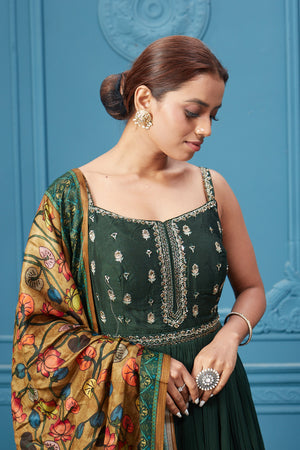 510043 Dark Green Anarkali Suit Set With Floral Dupatta 510043 Dark Green Anarkali Suit Set With Floral Dupatta