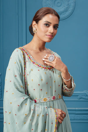 pastel anarkali dresses Mehendi Green Pastel Pakistani Style Peplum Anarkali Suit With Thread Work