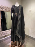 Buy stunning black chanderi silk Anarkali suit online in USA with dupatta. Look your best on festive occasions in latest designer saris, pure silk saris, Kanchipuram silk sarees, handwoven saris, tussar silk sarees, designer suits, lehengas from Pure Elegance Indian clothing store in USA.-full view