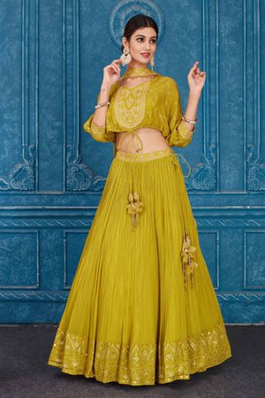 Buy olive green embroidered georgette lehenga online in USA with dupatta. Slay in style at wedding festivities in this beautiful designer lehengas. hand embroidered lehengas, Bollywood lehenga, Anarkali suits, sharara suits from Pure Elegance Indian saree store in USA. -lehenga