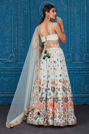 Shop stunning mint green floral embroidered georgette lehenga online in USA with dupatta. Slay in style at wedding festivities in this beautiful designer lehengas. hand embroidered lehengas, Bollywood lehenga, Anarkali suits, sharara suits from Pure Elegance Indian saree store in USA. -back