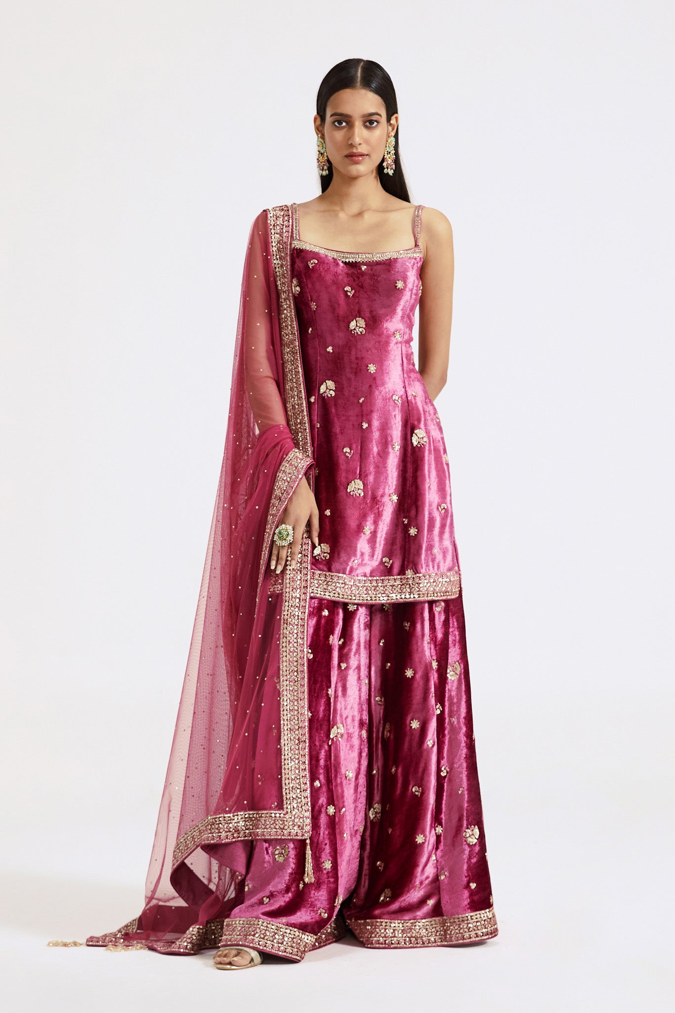 Shop pink velvet embroidered sharara suit online in USA with dupatta. Shop the best and latest designs in embroidered sarees, designer sarees, Anarkali suit, lehengas, sharara suits for weddings and special occasions from Pure Elegance Indian fashion store in USA.-full view