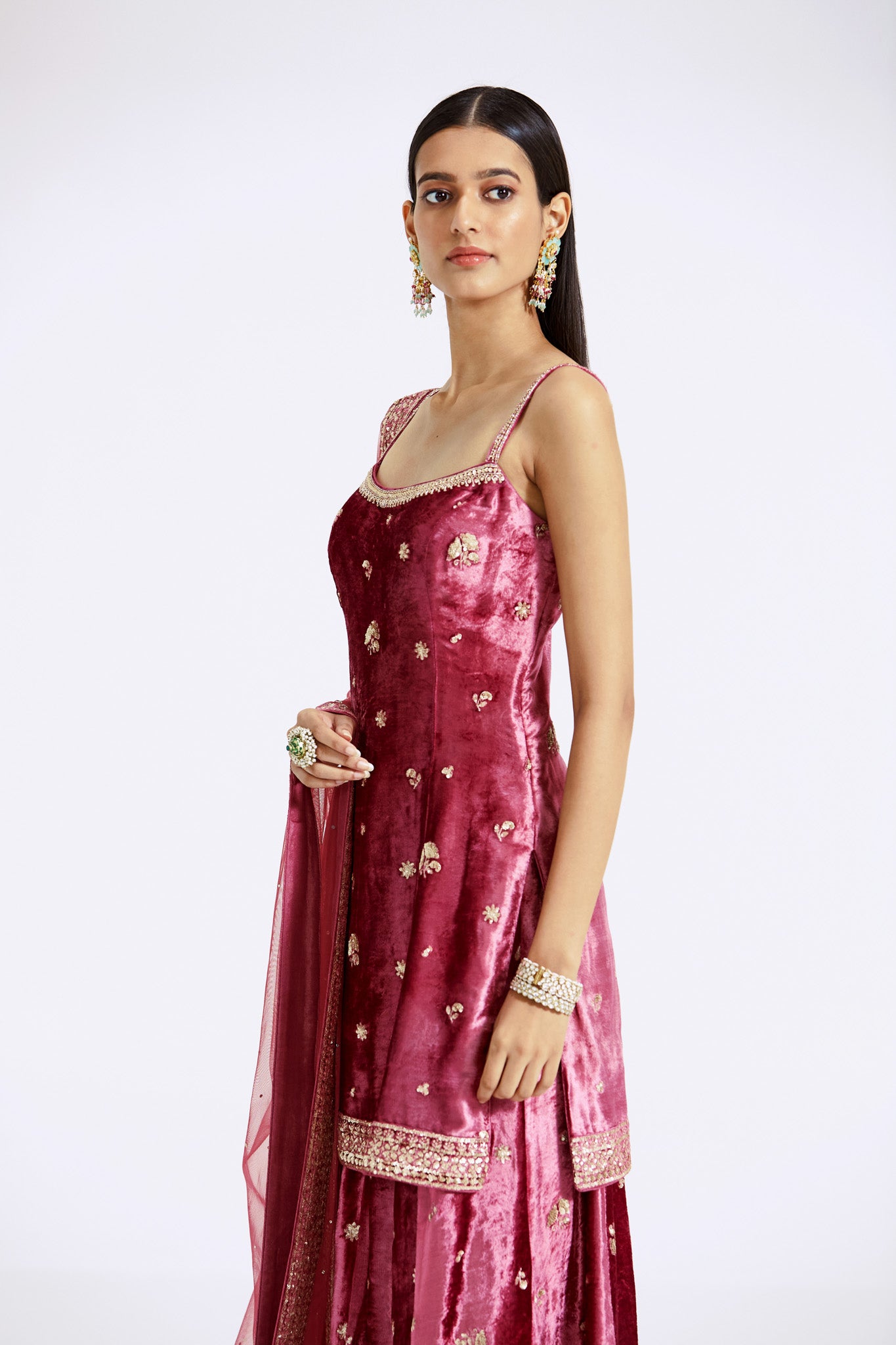 Shop pink velvet embroidered sharara suit online in USA with dupatta. Shop the best and latest designs in embroidered sarees, designer sarees, Anarkali suit, lehengas, sharara suits for weddings and special occasions from Pure Elegance Indian fashion store in USA.-side
